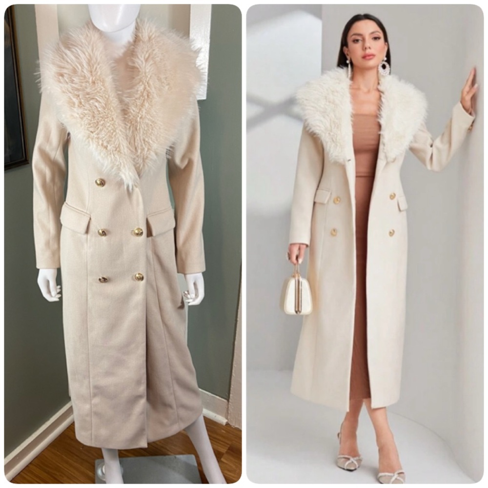 NWT new XSmall XS SHEIN Cream Trench Coat Full Length Faux Fur Collar